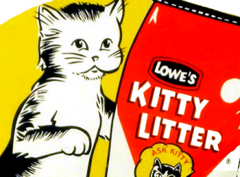 non clumping clay cat litter cartoon of Lowe's kitty litter to talk about how the invention of non-clumping by Ed Lowe absorbing litter in 1940's was an important invention.