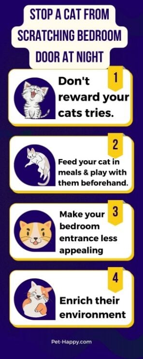 Infographic-Stop a cat from scratching your bedroom door at night. Shows the 4 proven methods:
1. Don't reward your cats tries

2. Feed your cat in meals and play with them before hand

3. Make your bedroom entrance less appealing for your cat

4. Enrich your cat's environment